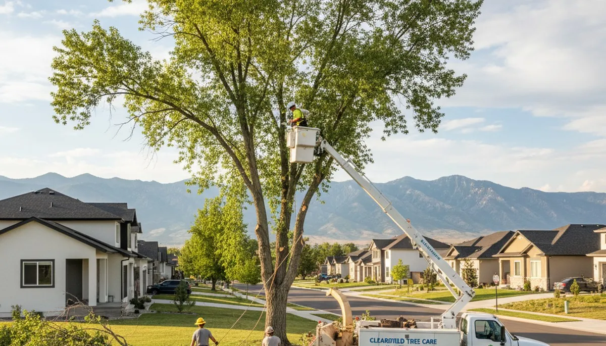 Professional tree removal service in Ogden, UT safely cutting and clearing large residential trees